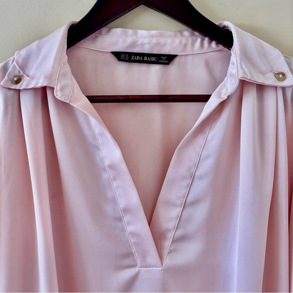 Zara| Feminine Oversized Satin Pale Pink V-Neck Tunic Blouse Sz XS - Picture 3 of 7